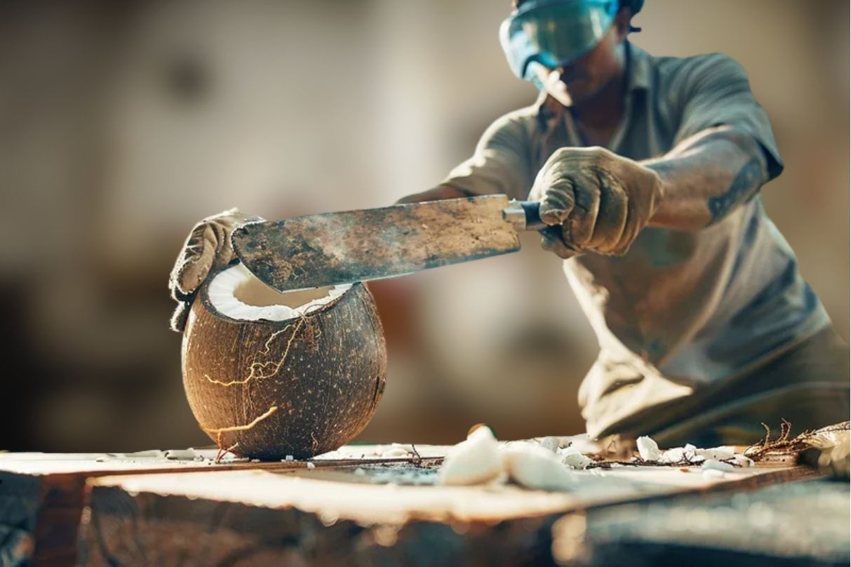 Proceso artesanal de elaboración de coquitos, manos trabajando con coco rallado natural en cocina tradicional